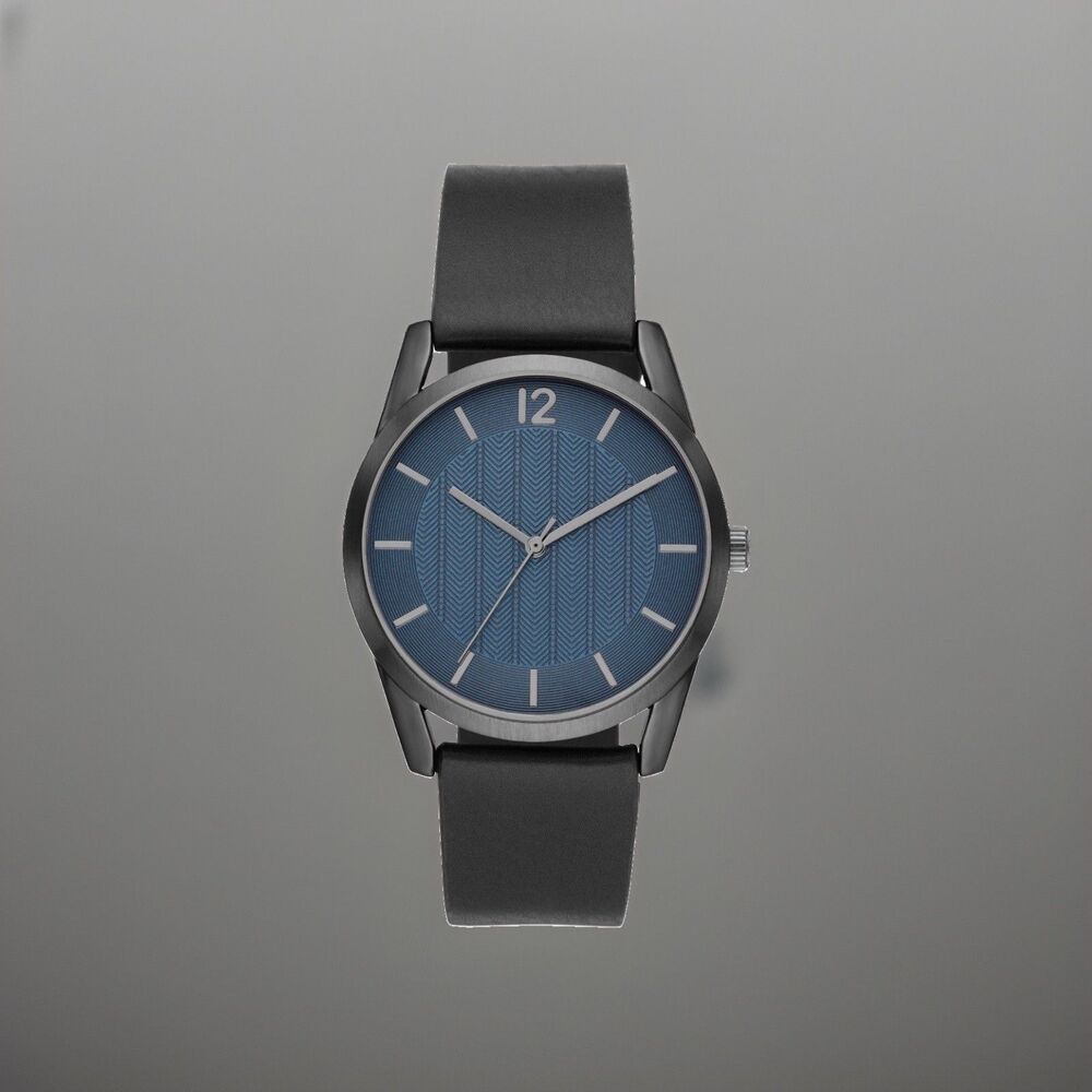 George Mens Watch Gunmetal Case Blue Textured Dial Black Vegan Leather FMDOGE035